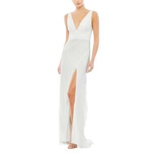 Mac Duggal Backless V-Neck Long A-Line Evening Gown White Size 6 Formal Dress